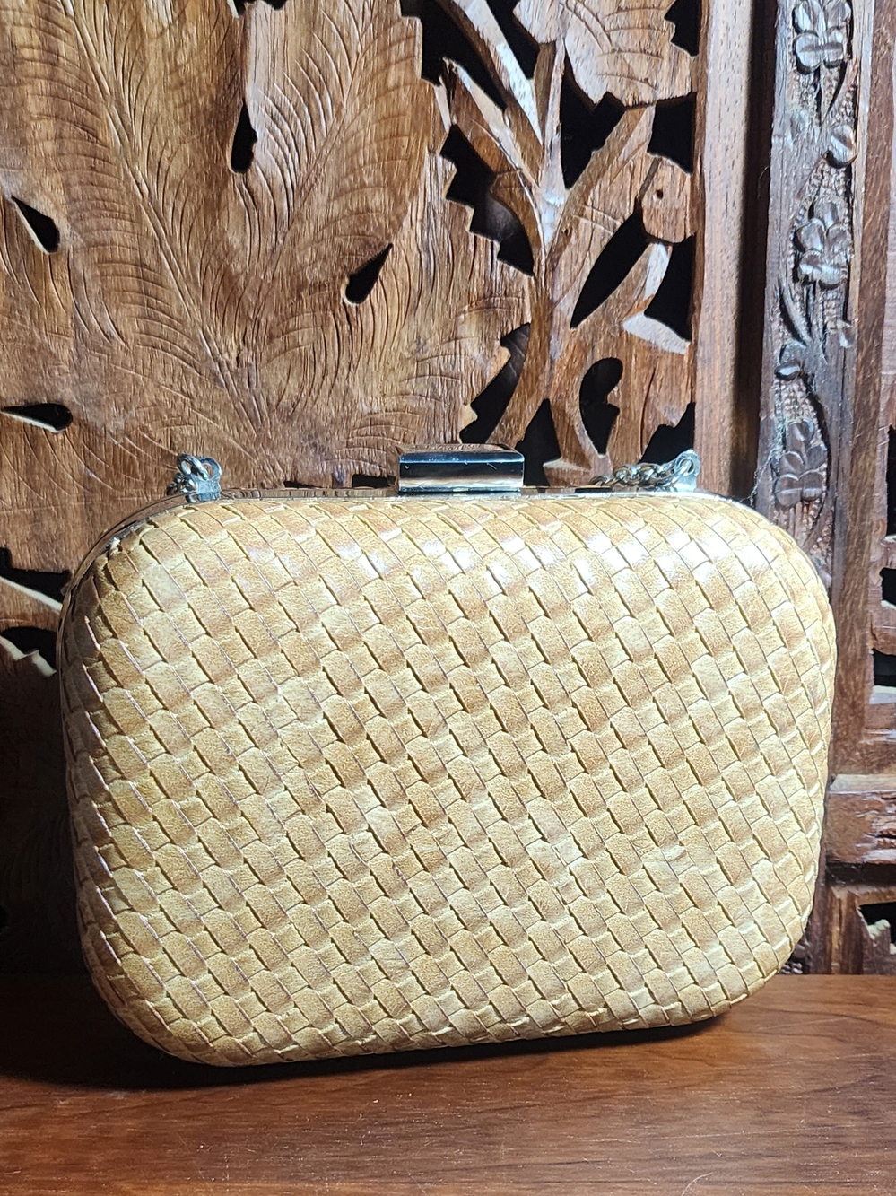 Style & Co. Hard Shell Clutch in Natural Tan With Silver Chain Strap